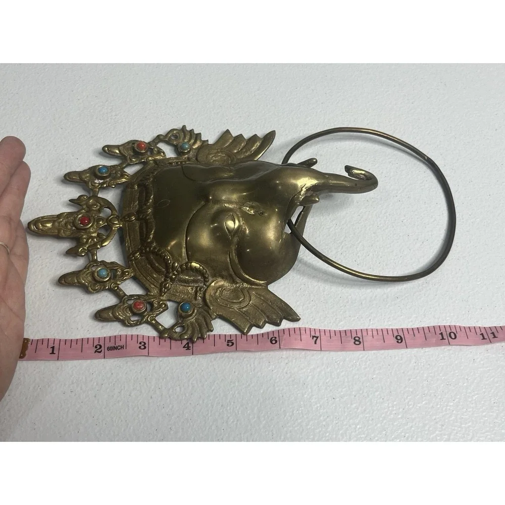 Vtg Brass Elephant Towel Holder Door Knocker Wall Decor Turquoise Coral Tibetan?